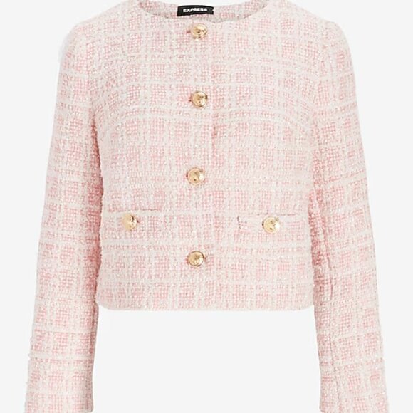 Express Plaid Boucle Tweed Blazer Jacket Pink and White Size L - Picture 1 of 4